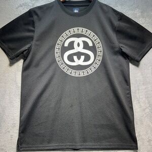 Stussy Mens Mesh Jersey T-Shirt Black Double S Link Greek Key Logo Large